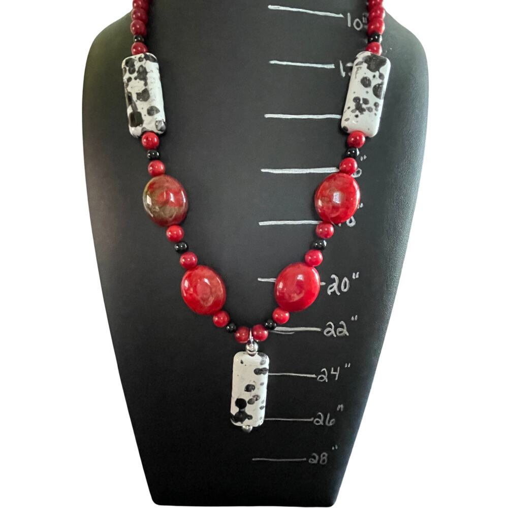 Artisan Ceramic Dalmatian Stone Bead Necklace Red Oval Accent Strand